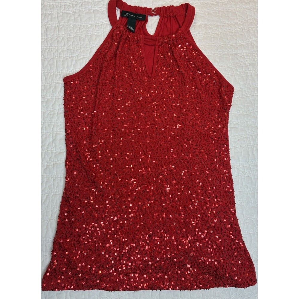 INC Red Sequin Halter Top Size Med Cocktail Party Festival Stretchy Sexy Fun